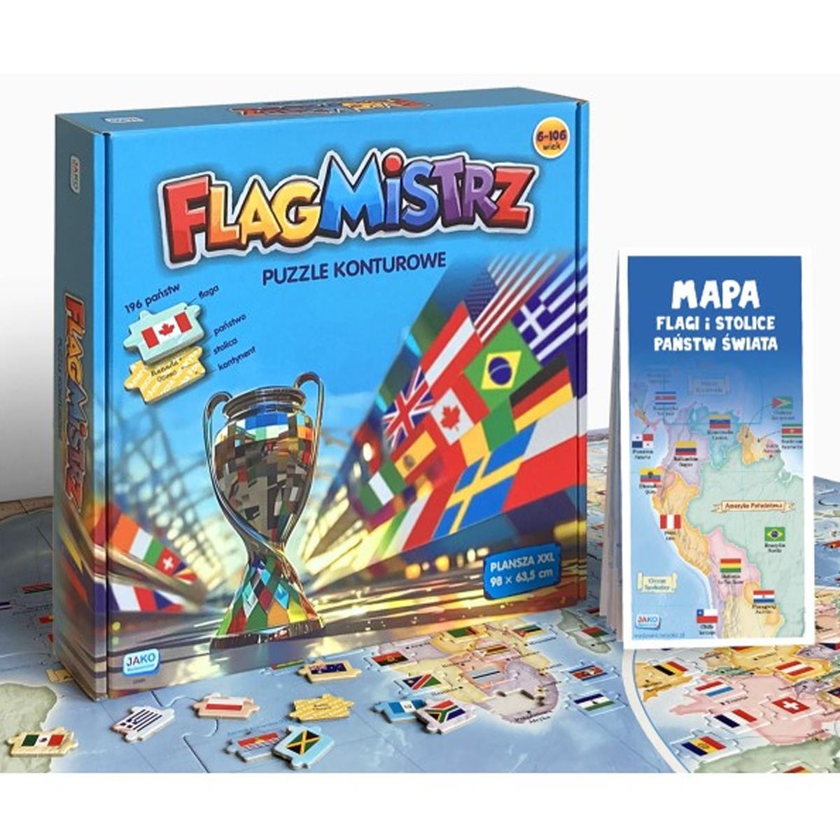 Flagmistrz. Puzzle konturowe. Mapa Flagi i stolice państw świata.