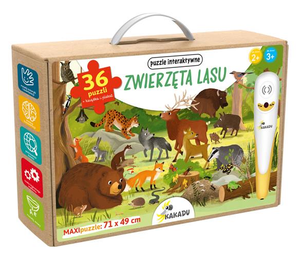 Zestaw Kakadu: książka Zwierzęta lasu z mówiącymi puzzlami i plakatem